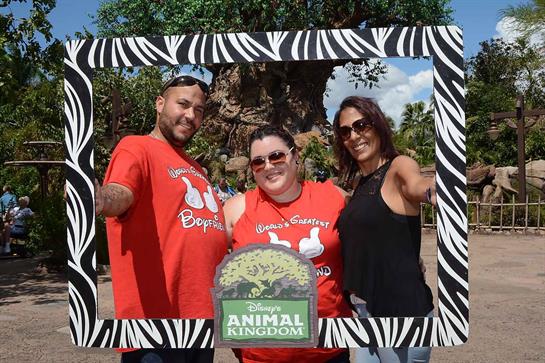Three friends in a decorative frame enjoy a sunny day at the wildlife park.