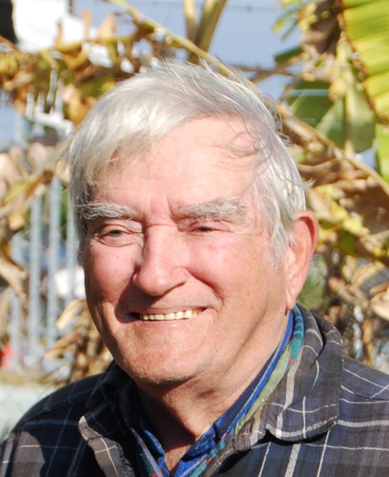 An elderly man enjoys a sunny day outdoors, smiling amidst vibrant autumn leaves in a garden.