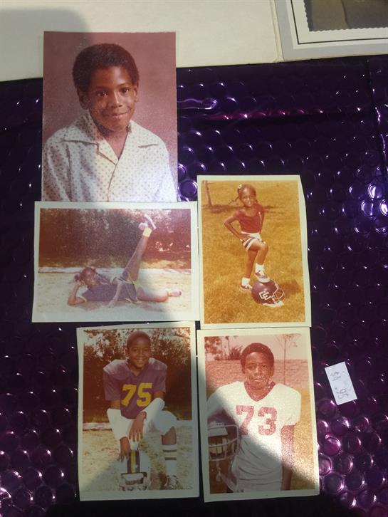 A display of childhood photos featuring a young athlete engaged in various sports and activities.