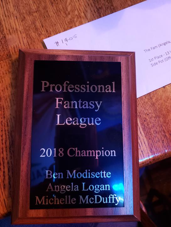 A trophy for the 2018 fantasy league champion sits on a wooden table in a cozy setting.