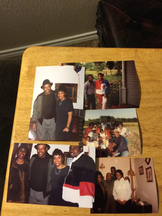 Various printed photos of friends and families at gatherings in different locations.