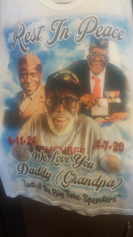 A touching tribute features a grandfather's portrait, surrounded by loving messages from family.
