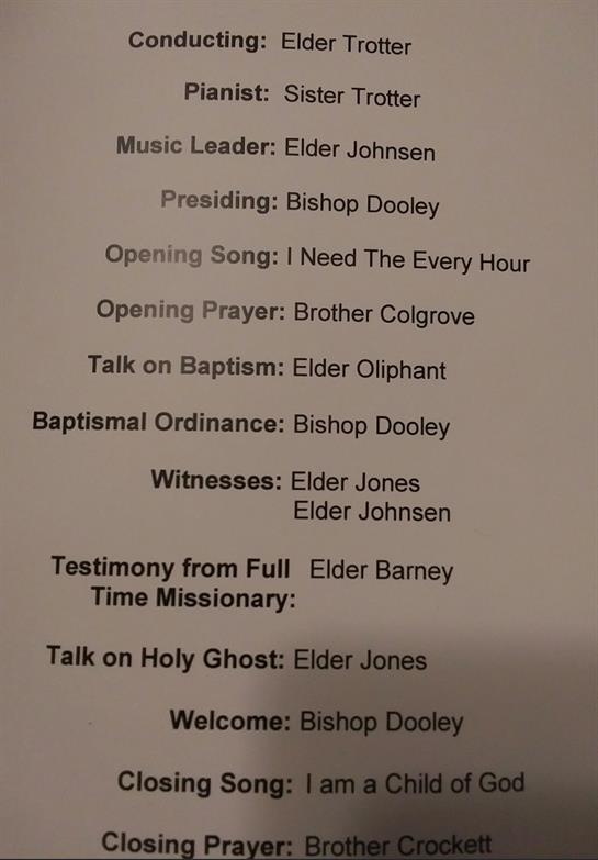 The printed program outlines the order of events for a religious service with various speakers.