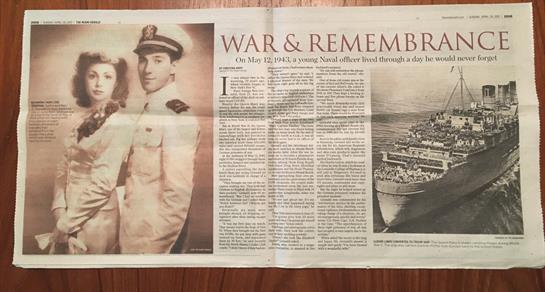 A vintage article details a young naval officer's journey during wartime, alongside a ship image.