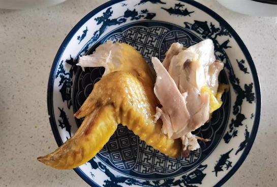 A beautifully arranged chicken wing and sliced meat on a decorative plate in a cozy kitchen.
