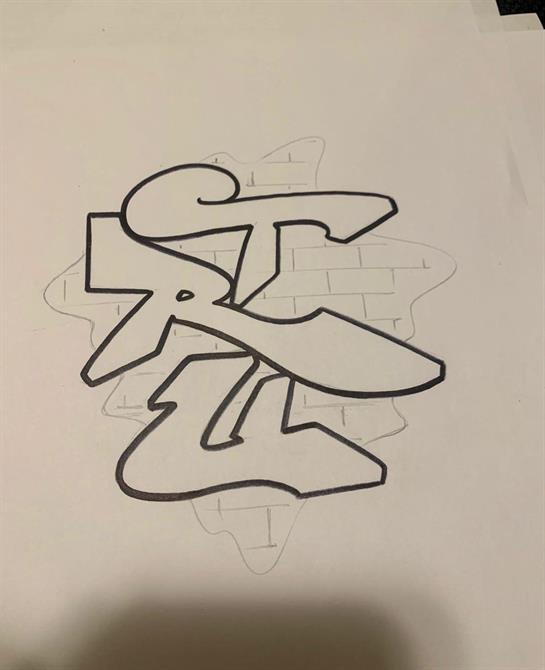 A unique graffiti art design showcases bold lettering with intricate lines and stylized forms.