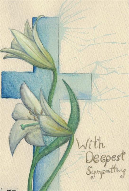 Watercolor artwork features white lilies entwined with a blue cross, expressing deep sympathy.