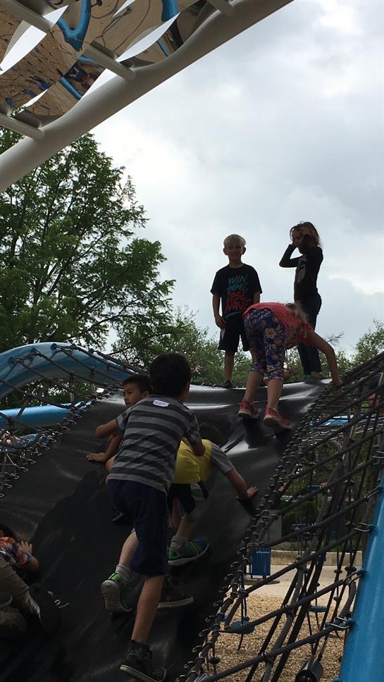 Kids are climbing on a play structure with trees in the background.