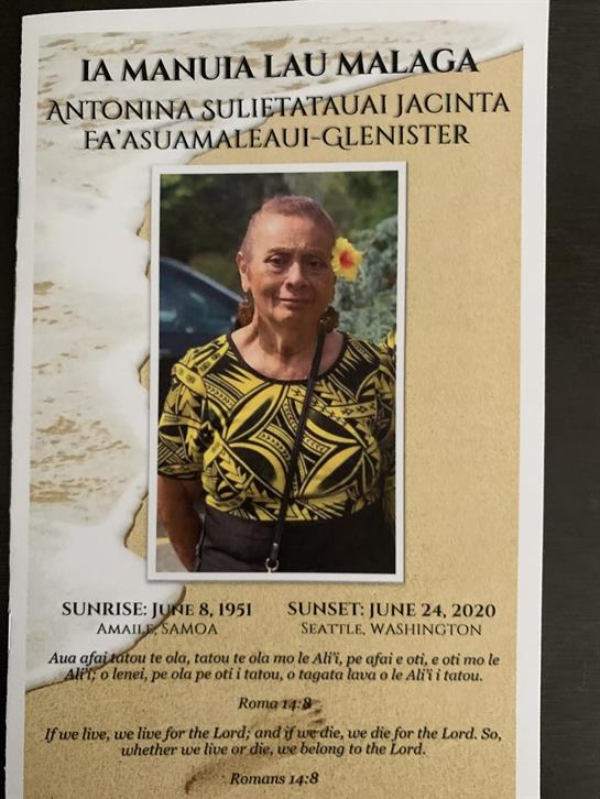 A tribute to Antonina Sulefatauai Jacinta Faasumaleaui-Glenister, honoring her legacy in Seattle.