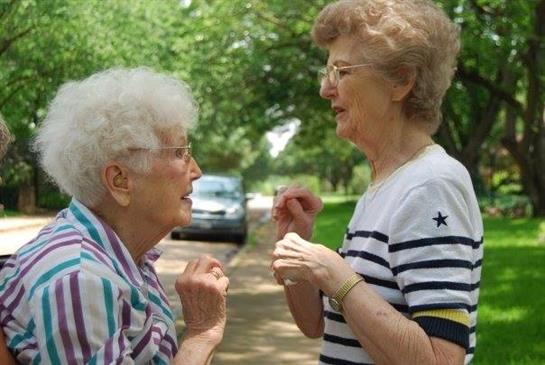 Two senior women engage in an animated discussion, smiling and gesturing excitedly amidst greenery.