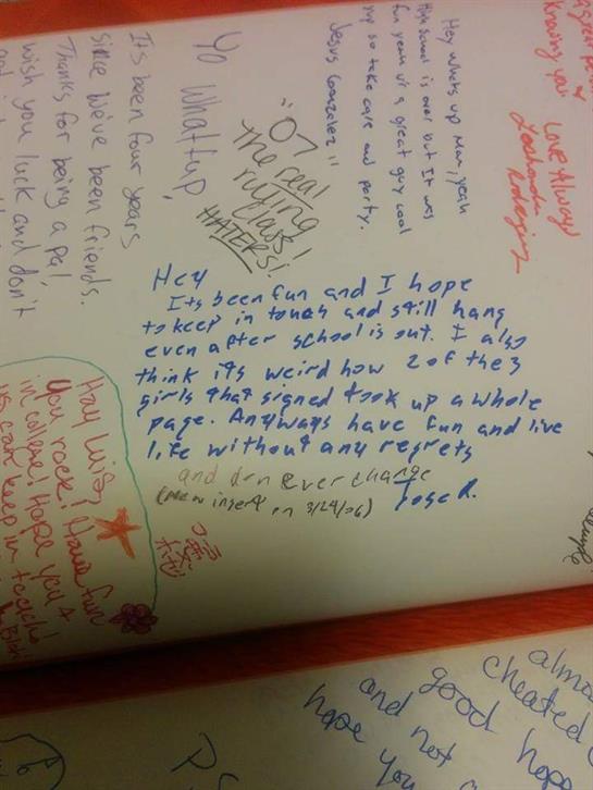A handwritten note in a yearbook reflects hopes and thoughts for life after school.
