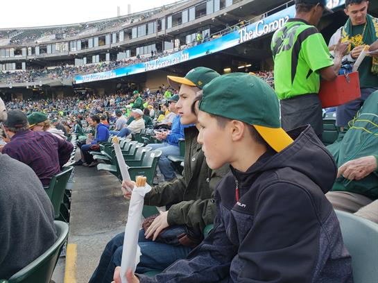 Two boys are seated in a crowded stadium, excitedly watching a baseball game during light rain.