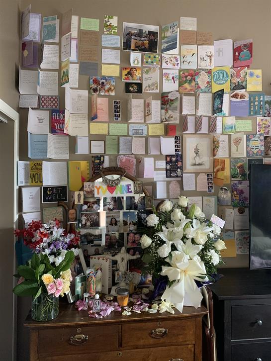 Vibrant greeting cards and flowers warm the room's atmosphere.