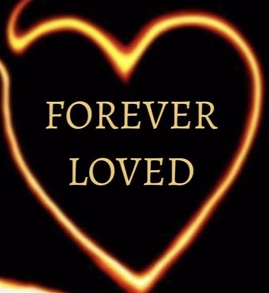 A glowing heart shape showcases the phrase forever loved in warm colors against a dark background.