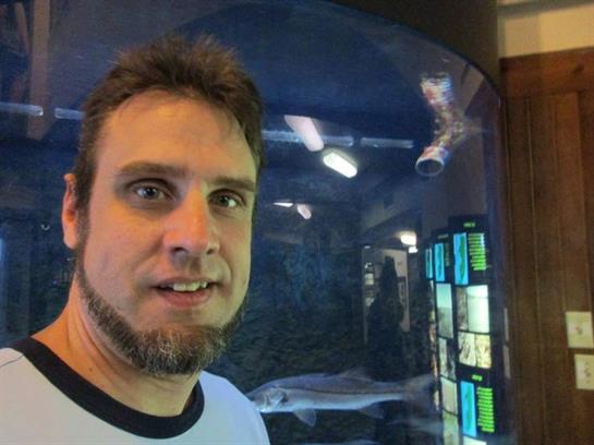 A person stands in front of a large aquarium showcasing various aquatic species.