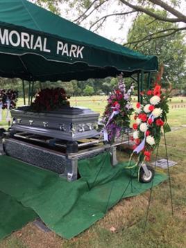 A memorial service taking place at a park, showcasing a casket and vibrant floral tributes nearby.