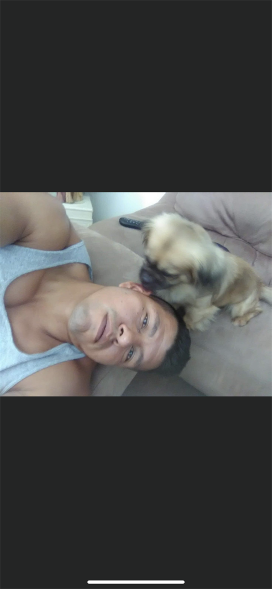 A man lies on a couch enjoying playful moments with a small puppy, capturing warmth and joy.