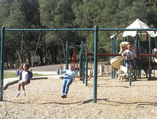 Kids play joyfully on swings and slides in a green park, enjoying a sunny summer day together.
