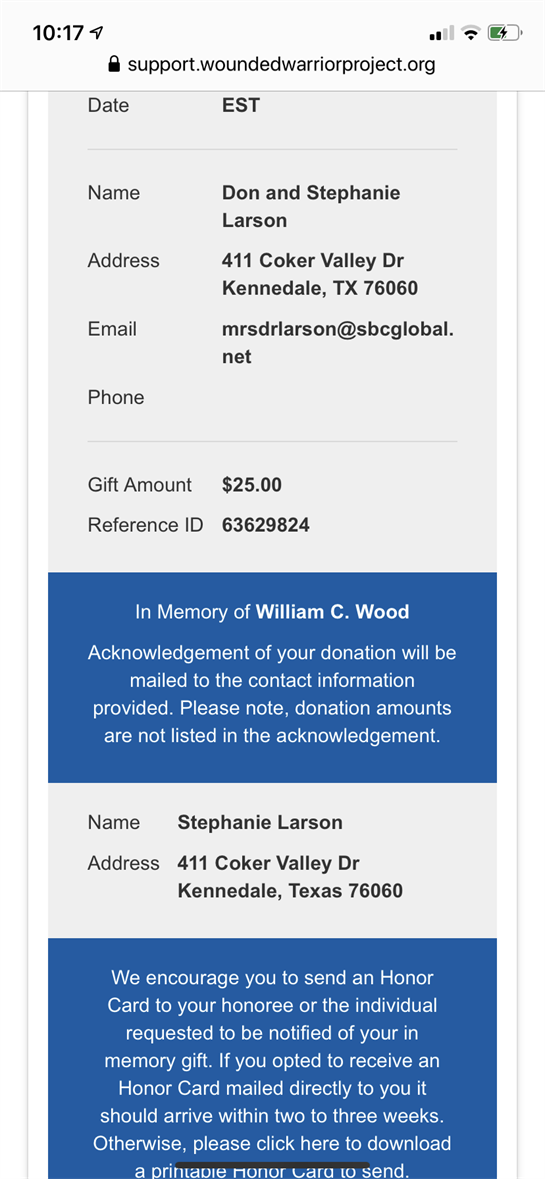 A confirmation message displays donation details for William C. Wood with contact information.