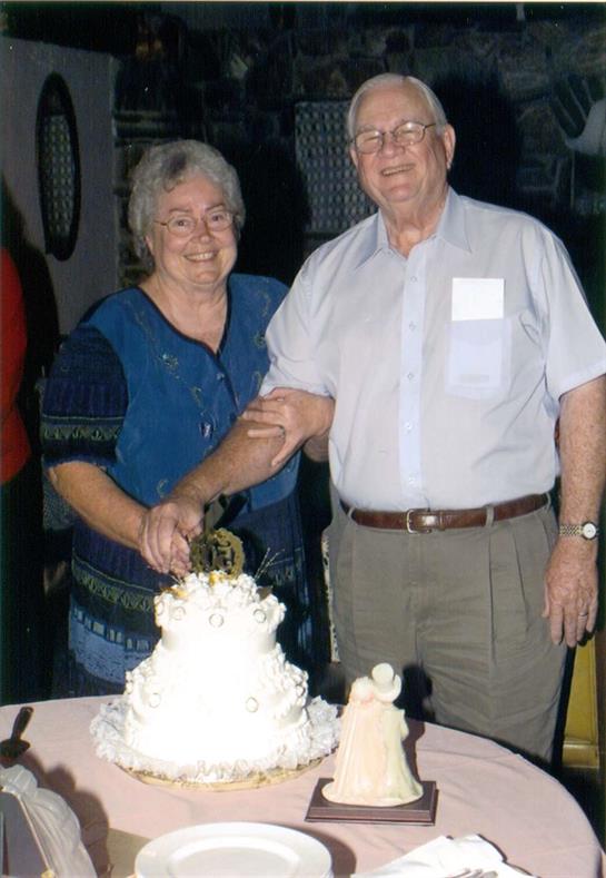 A couple joyfully cuts a beautifully decorated cake during their anniversary celebration.
