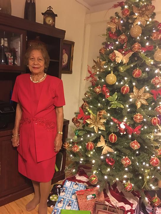 A woman in a red dress poses beside a beautiful, decorated Christmas tree.
