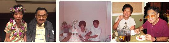 A couple joyfully cuts a large decorated cake while surrounded by friends and family at a gathering.