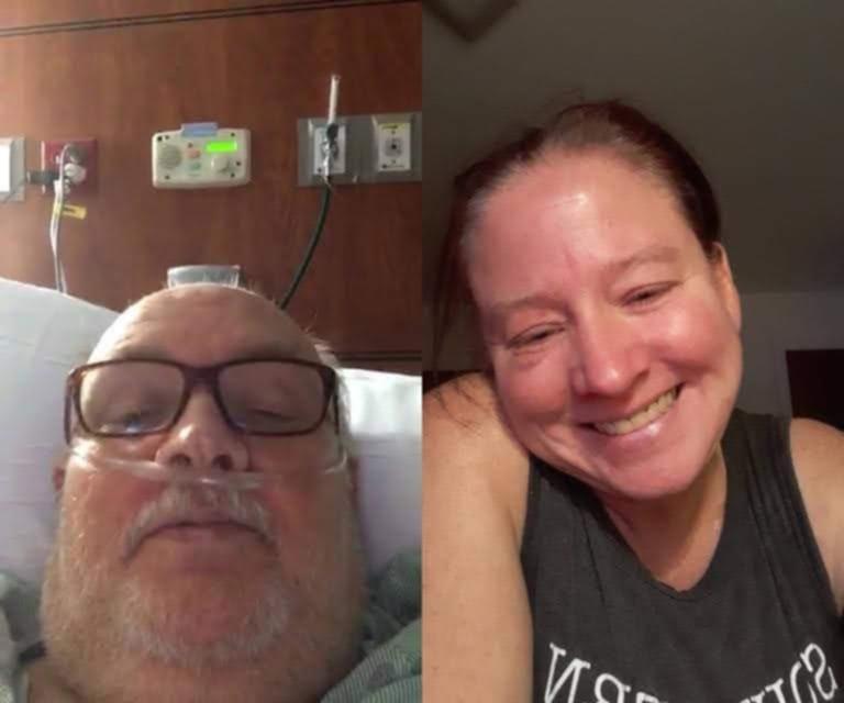 A joyful video call takes place between a patient in bed and a smiling loved one at home.
