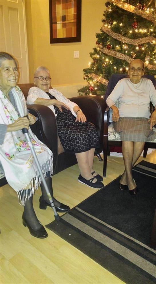 Three grandmothers enjoy each other's company in a cozy, holiday-decorated living room.