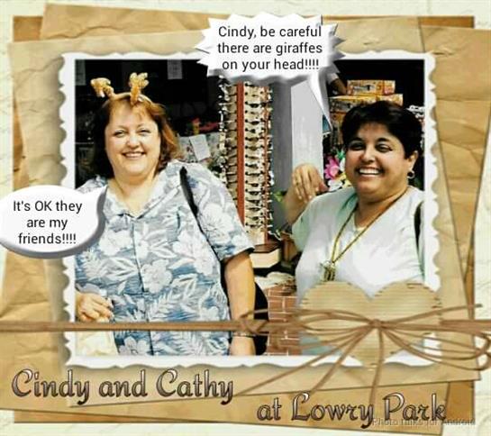 Two women share a joyful moment at Lowry Park, sporting funny accessories with big smiles.