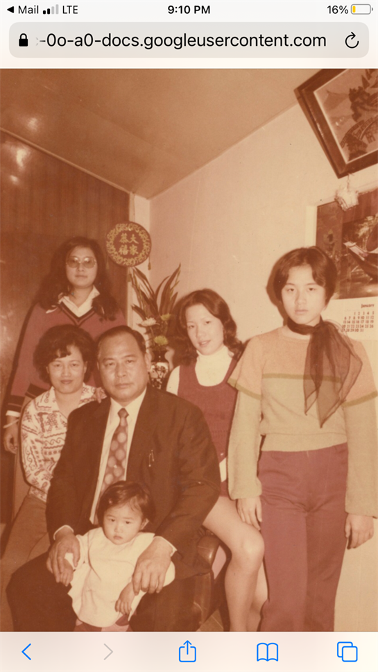 A group of six family members poses indoors, dressed in vintage clothing from the 1970s.
