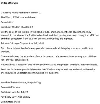 A service order outlines scripture readings, blessings, and a prayer for wisdom during a gathering.