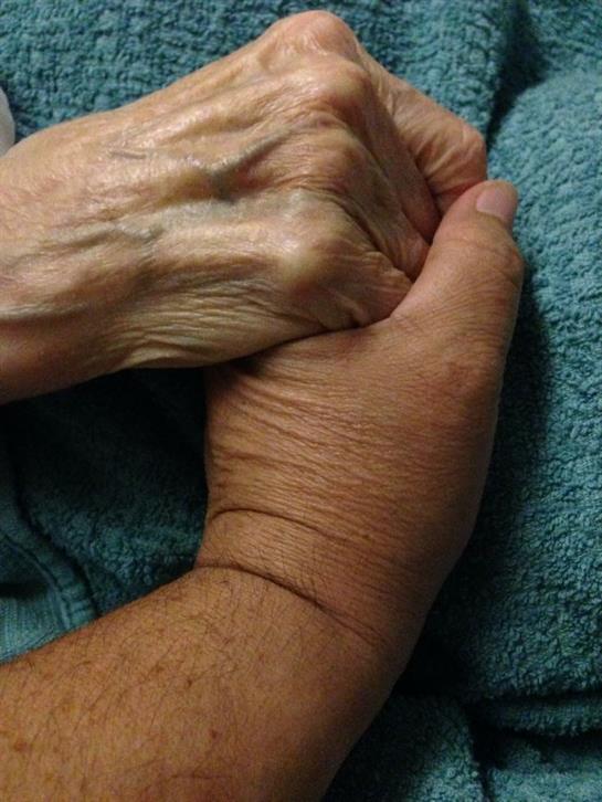 Two hands of different ages grasp each other, showing unity and affection during a quiet moment.