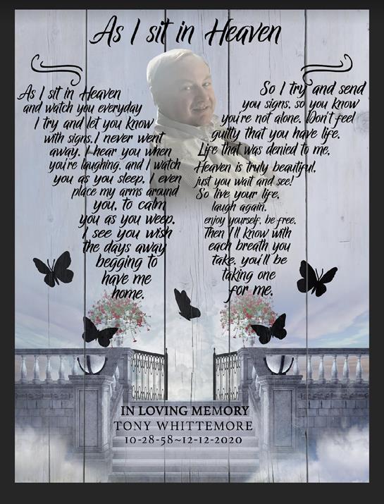 A tribute showcases heartfelt words and decorative butterflies, honoring beloved Tony Whittemore.