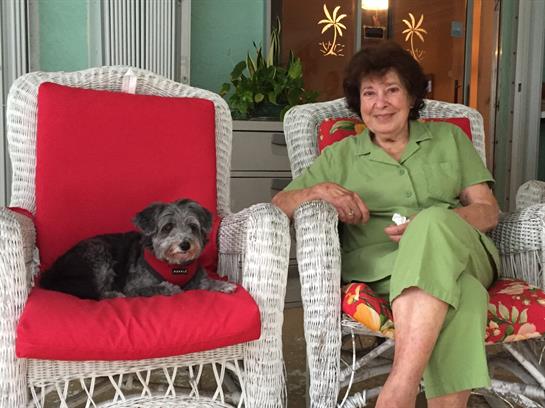 A woman in a green outfit enjoys her time on a bright porch with her dog sitting beside her.