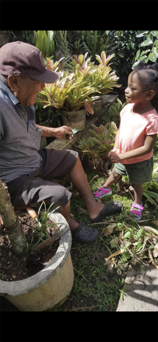 An elderly man talks with a young girl in a vibrant garden, surrounded by plants and greenery.
