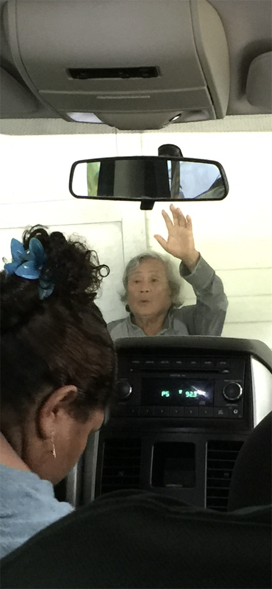 An elderly woman gestures while seated in a car, with a person in the driver's seat nearby.