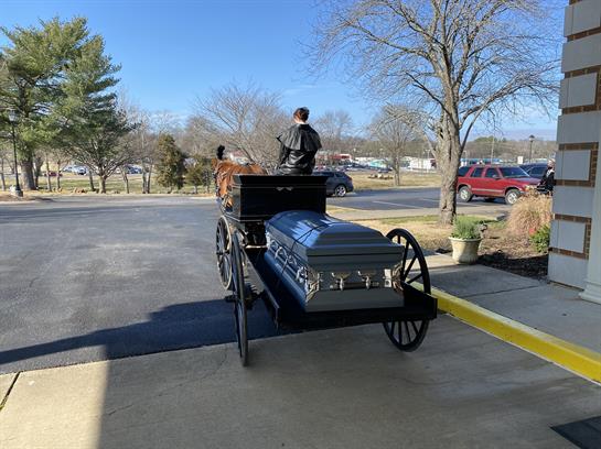 People guide a horse-drawn carriage carrying a casket through a quiet neighborhood on a clear day.