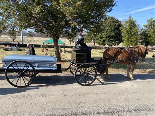 A carriage pulled by horses carries a coffin through a peaceful rural setting under clear skies.