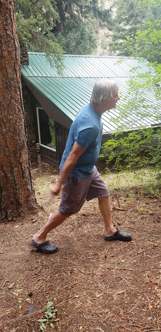 A man strolls through a wooded path beside a cabin while enjoying nature.