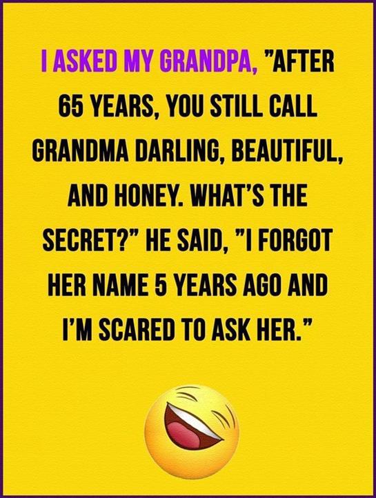 A funny quote explains a man's humorous reason for forgetting his wife's name after 65 years.