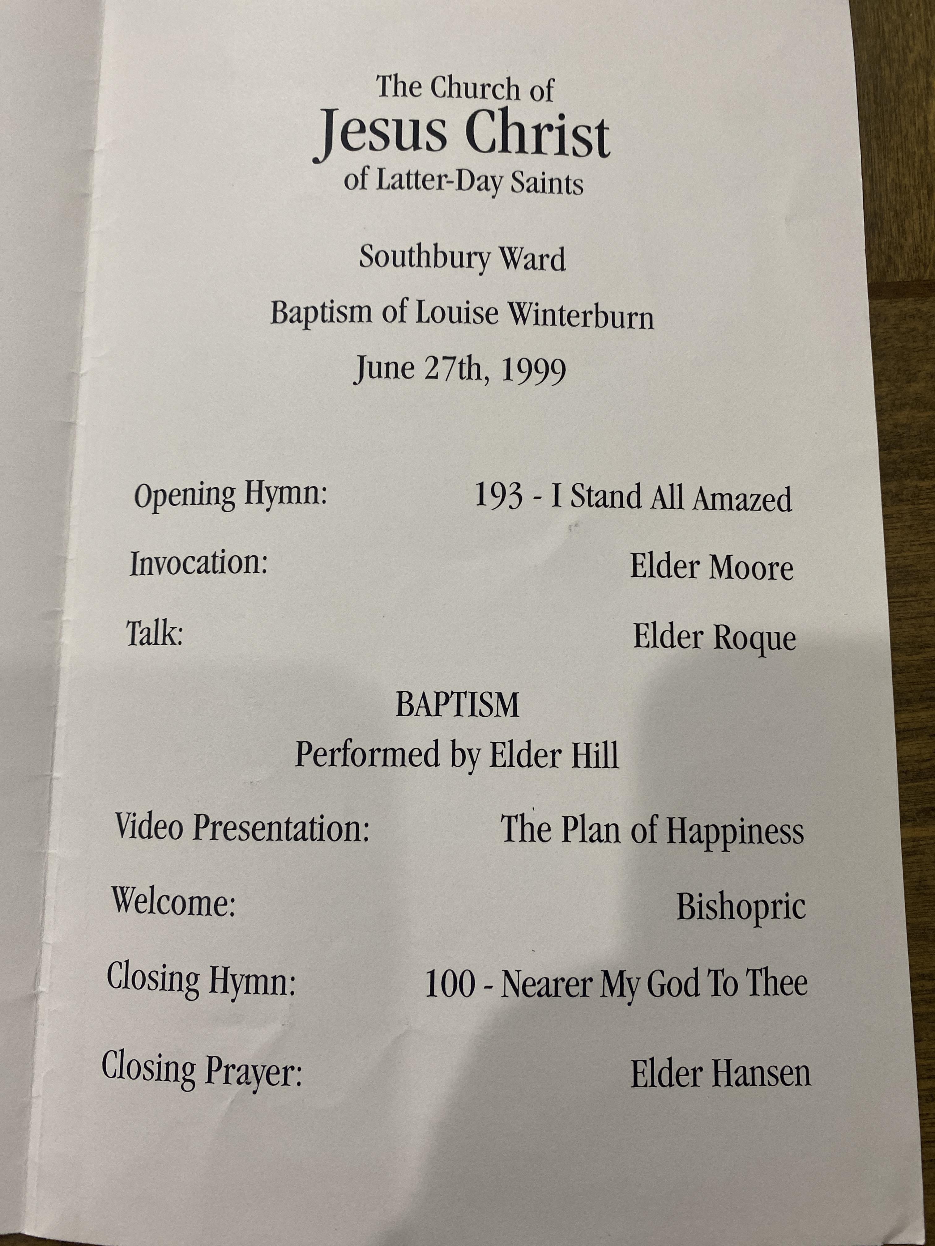 A baptism program details the event on June 7, 1990, including hymns and participants.