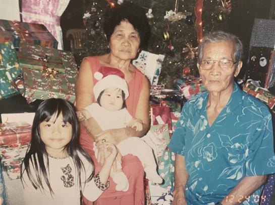 Relatives gather to celebrate Christmas, surrounded by presents and a festive tree.