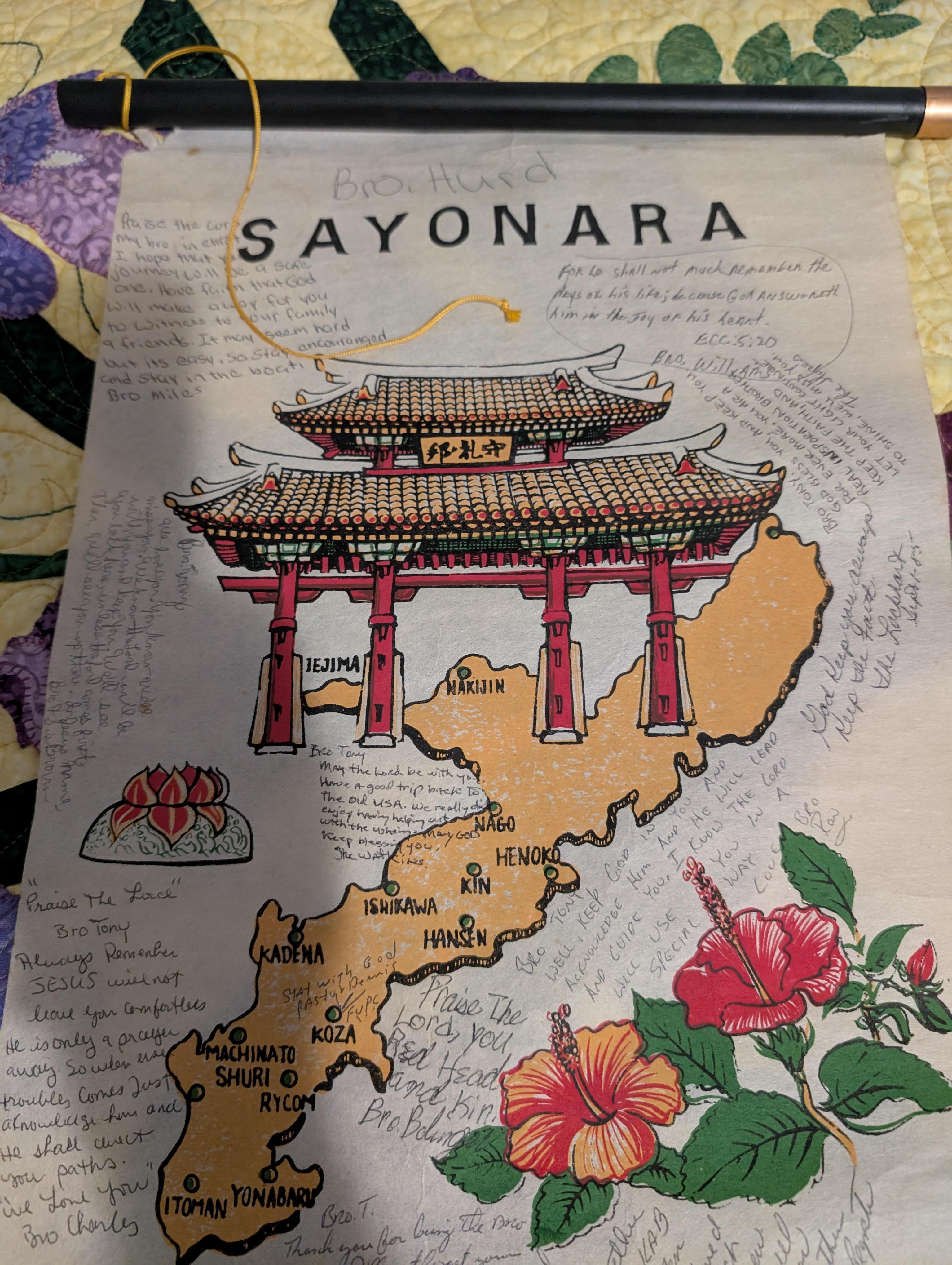 Vibrant farewell poster features Asian architecture, maps, and heartfelt messages from friends.
