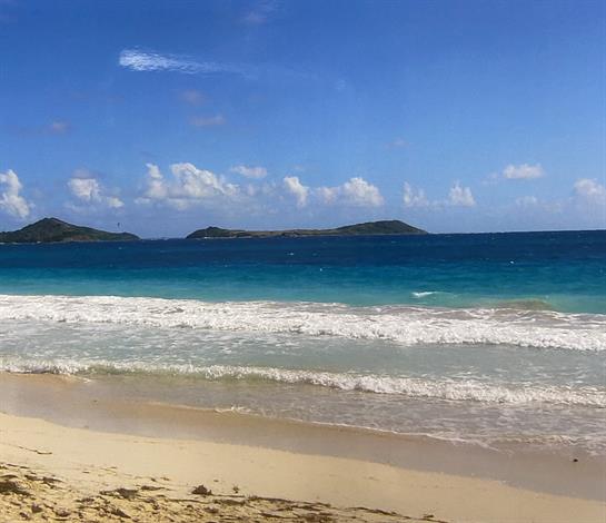 Waves gently roll onto the sandy shore under a bright blue sky, creating a serene atmosphere.