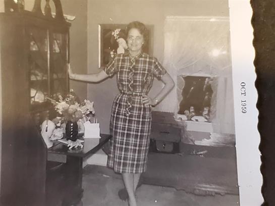 A woman stands confidently in a fitted plaid dress, showing her elegance in a warmly decorated room.