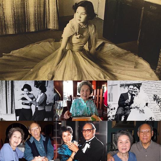 A woman in a beautiful dress reflects on cherished moments with family and friends across decades.