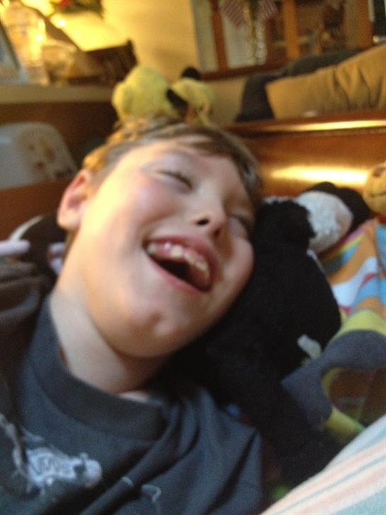 A young boy laughing and playing with his stuffed animals at home in the afternoon light.