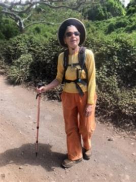 Individual hikes along a nature path under bright sunlight, dressed for outdoor exploration.