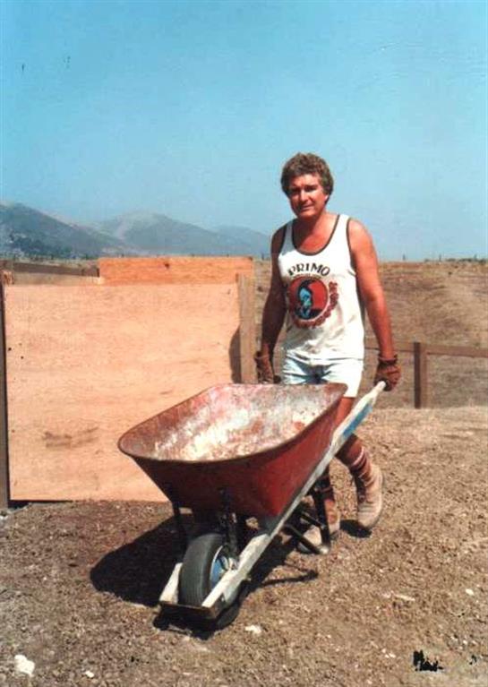 A construction worker moves a wheelbarrow filled with materials across a sunny landscape with hills.