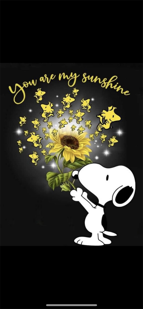 Snoopy, surrounded by stars and sunflowers, captures a joyful moment with a sweet message.